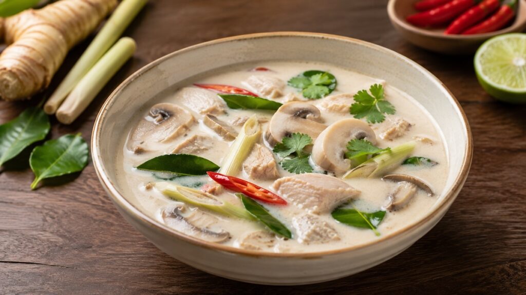 Tom Kha Gai au poulet avec lait de coco, galanga, champignons et feuilles de combava