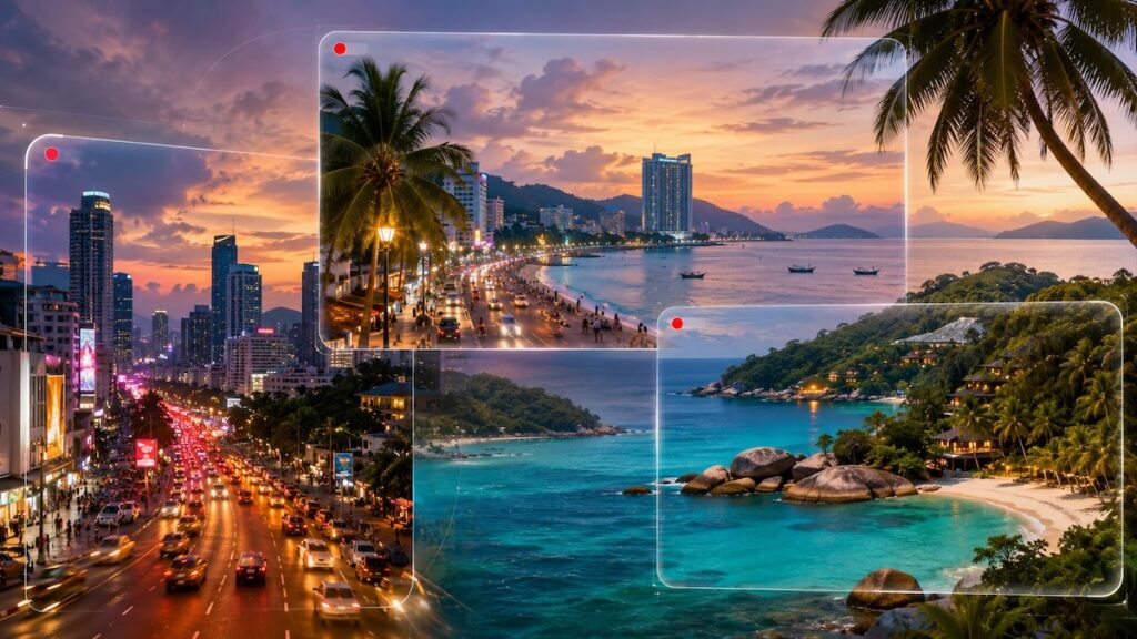 Illustration de webcams en Thaïlande avec Bangkok, Pattaya et une plage tropicale de Koh Samui