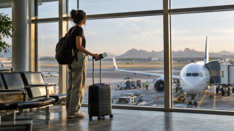 Voyageuse avec une valise cabine devant les baies vitrées d’un aéroport