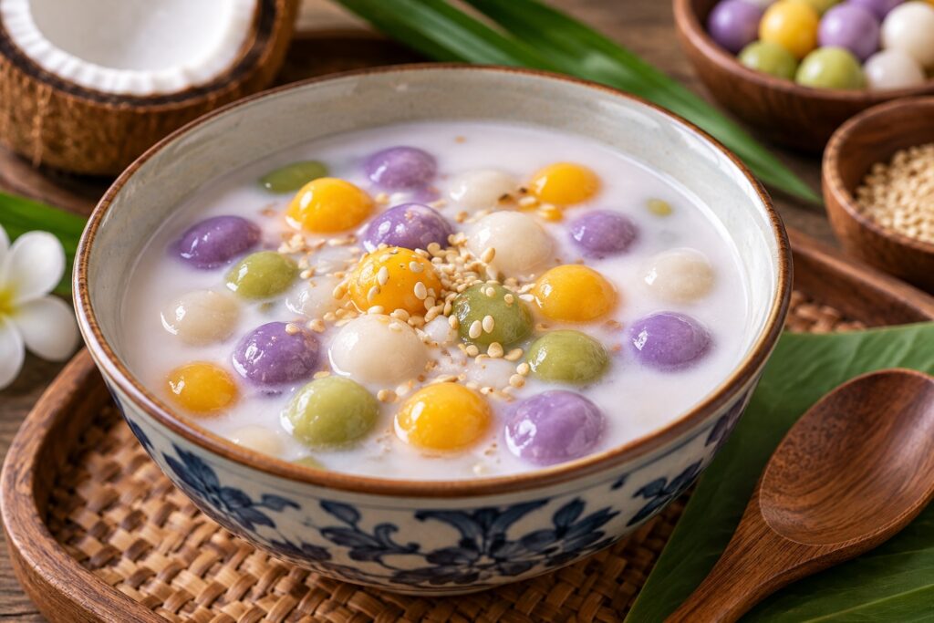 Bua Loy, dessert thaïlandais de boulettes de riz gluant colorées dans du lait de coco