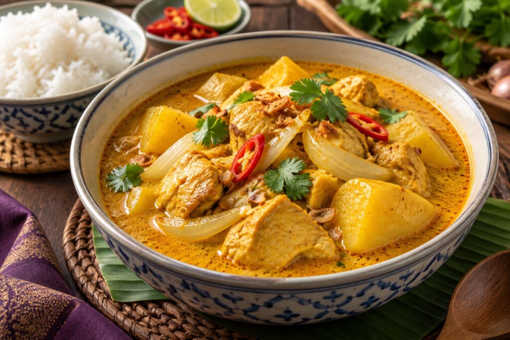 Curry jaune thaïlandais au poulet avec pommes de terre, oignon et lait de coco