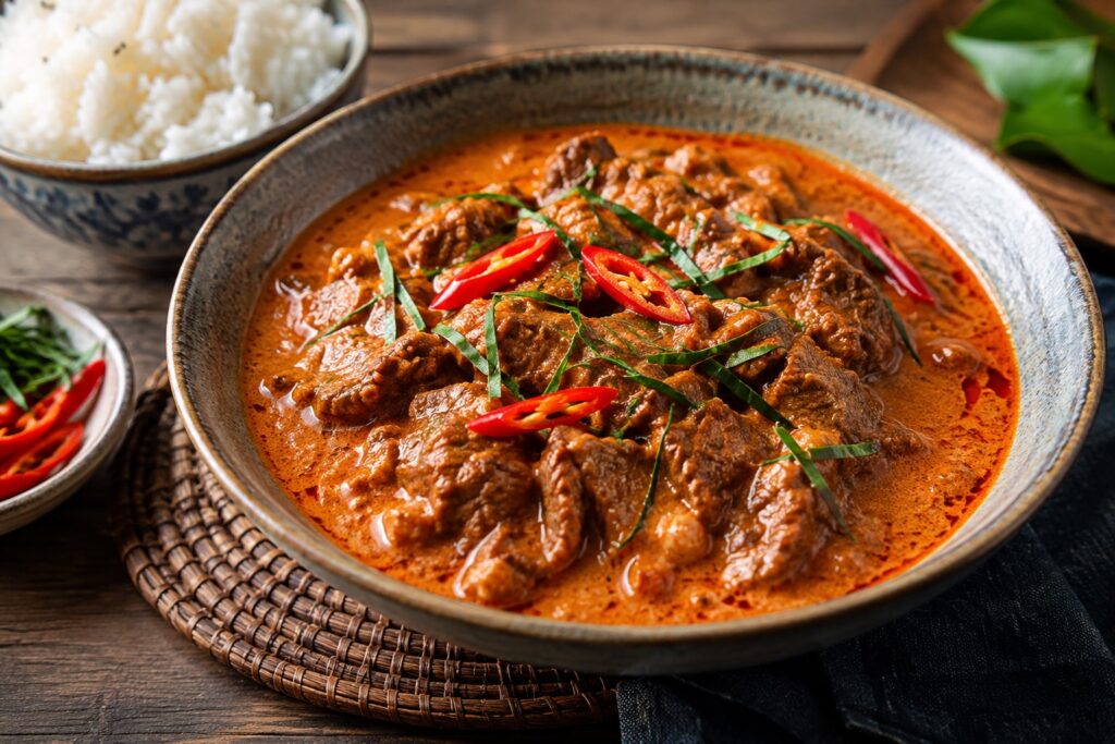 Curry Panang thaïlandais au bœuf avec lait de coco, feuilles de combava et piment rouge