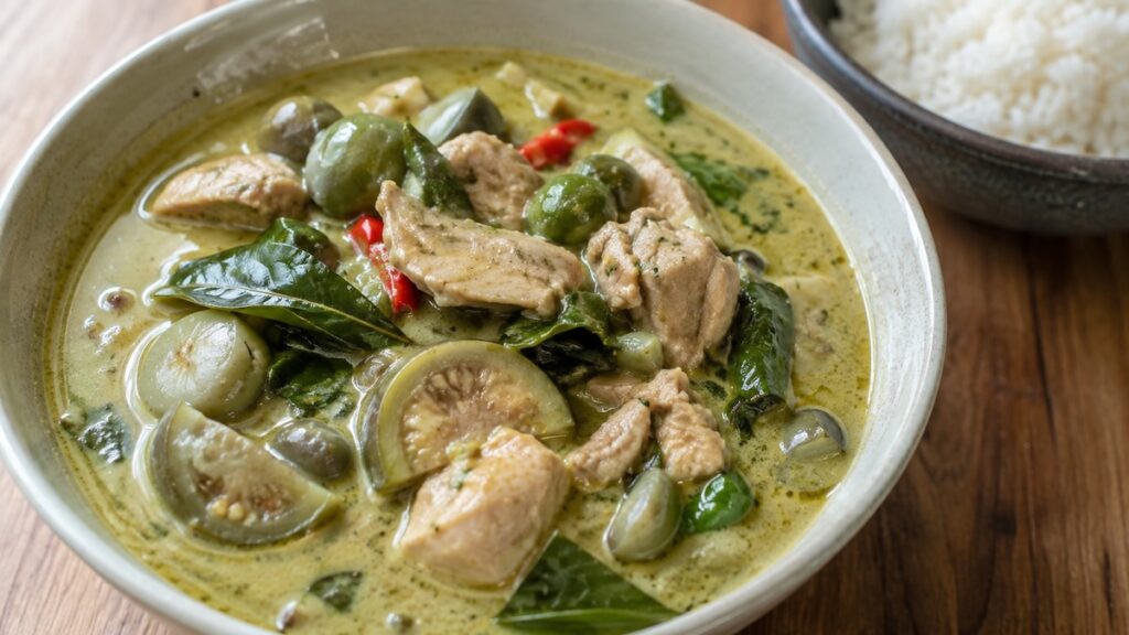 Curry vert thaïlandais au poulet avec aubergines thaïlandaises, basilic thaï et lait de coco