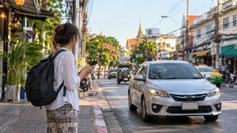Voyageuse utilisant son téléphone pendant qu’une voiture arrive dans une rue en Thaïlande