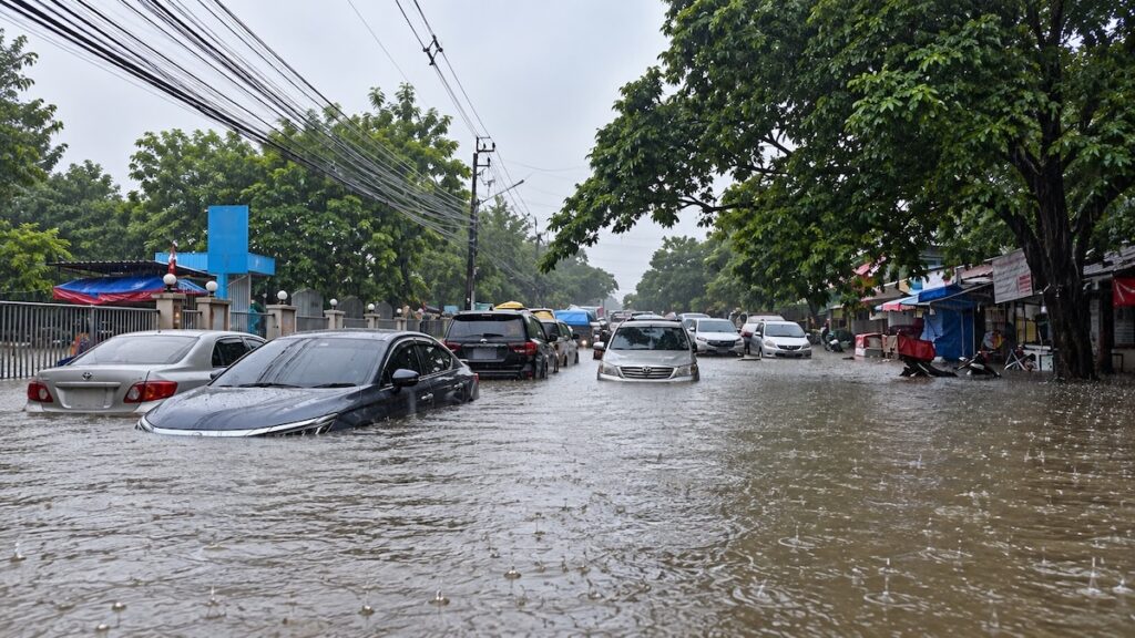 Route inondée à Bangkok après de fortes pluies