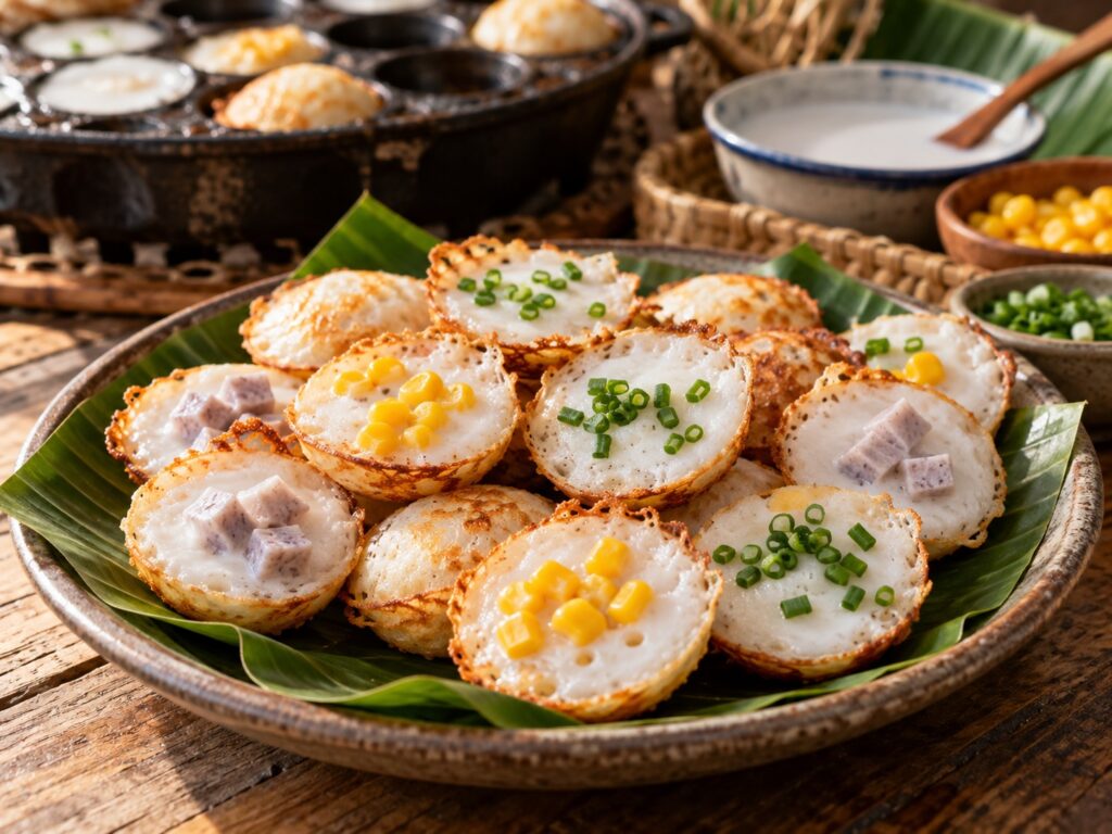 Khanom Krok, petites crêpes thaïlandaises au lait de coco avec maïs, taro et oignon vert