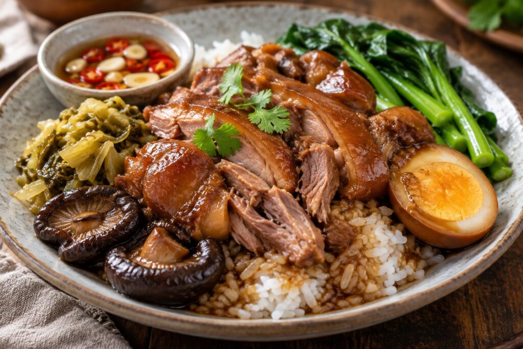 Khao Kha Moo, jarret de porc braisé thaïlandais servi avec riz jasmin, œuf, légumes verts et champignons