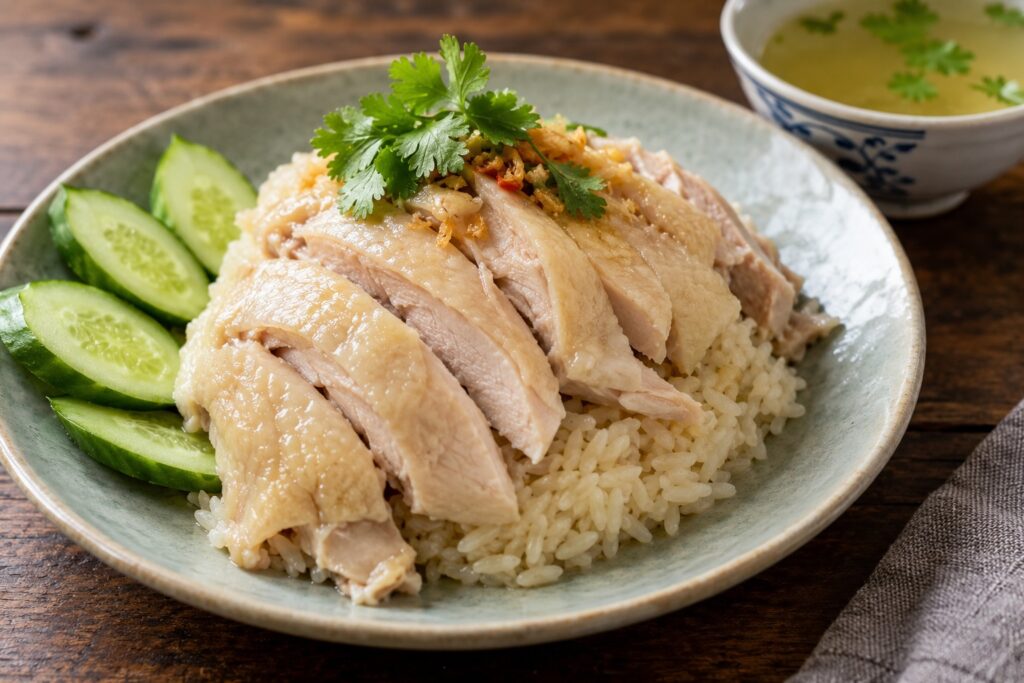 Khao Man Gai traditionnel avec poulet poché, riz jasmin, concombre, sauce thaïlandaise et bouillon