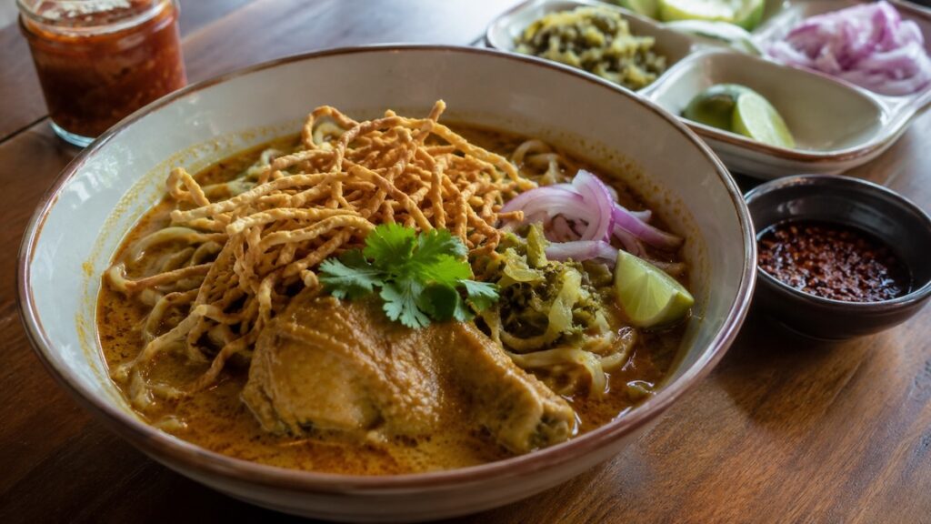 Khao Soi au poulet avec nouilles aux œufs, curry au lait de coco et nouilles croustillantes
