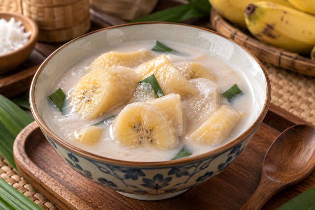 Kluai Buat Chi, dessert thaïlandais de bananes Nam Wa au lait de coco