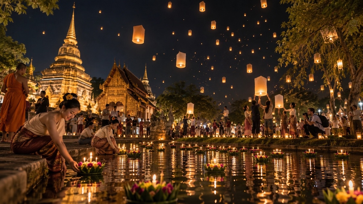 Lanternes de Yi Peng et krathongs sur l’eau à Chiang Mai