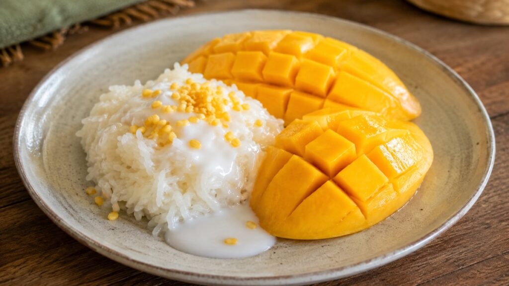 Mango Sticky Rice thaïlandais avec riz gluant au lait de coco, mangue mûre et haricots mungo