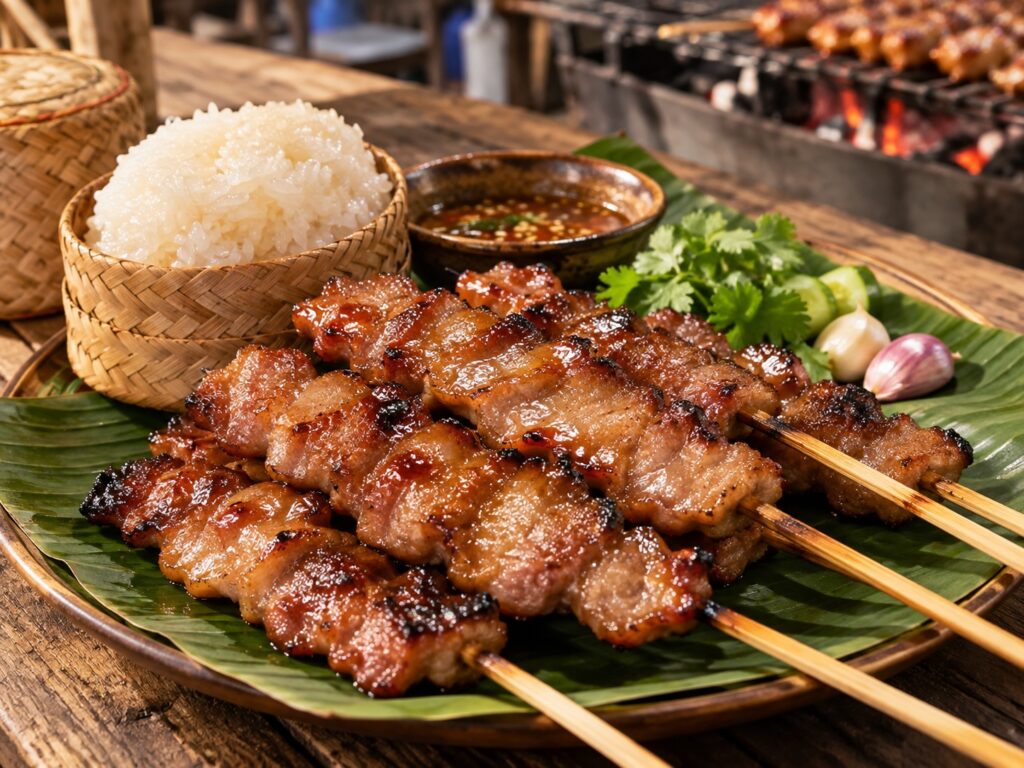 Moo Ping, brochettes thaïlandaises de porc grillé servies avec du riz gluant
