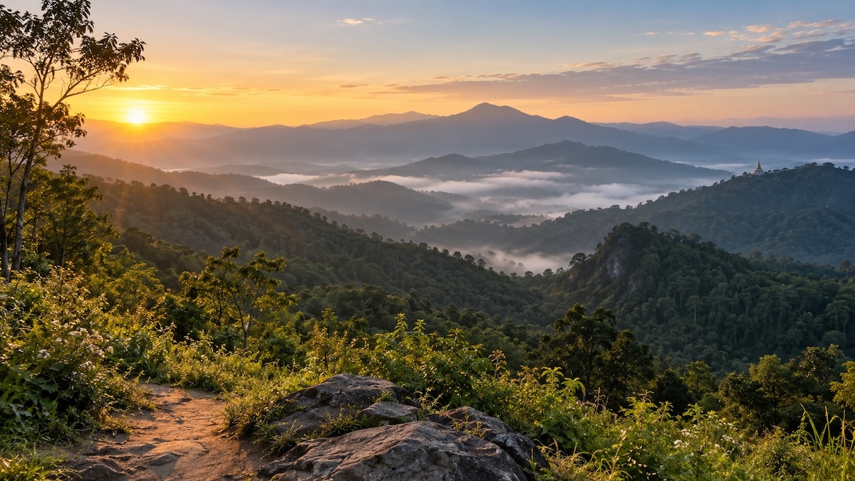 Montagnes et brume au lever du soleil dans le nord de la Thaïlande en novembre