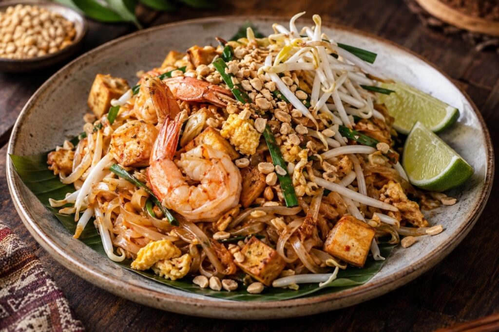 Pad Thai traditionnel aux crevettes avec nouilles de riz, tofu, œuf, germes de soja et cacahuètes