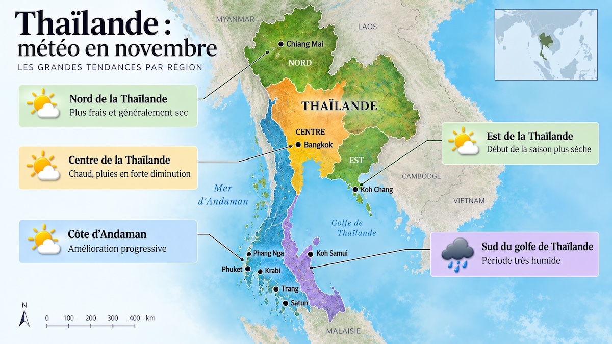 Carte de la météo en Thaïlande en novembre par région, de Chiang Mai à Koh Samui