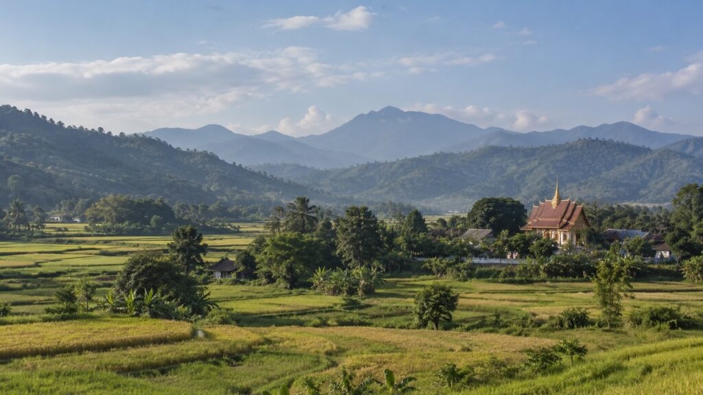 Paysage de Thaïlande en novembre avec rizières, montagnes et temple