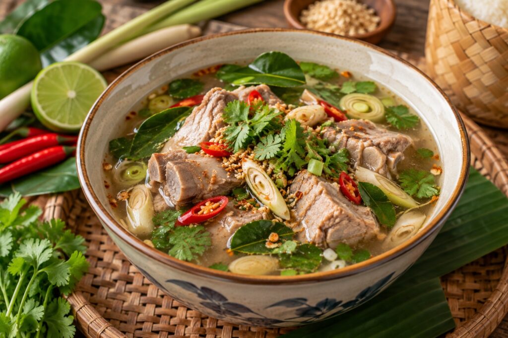 Tom Saap, soupe thaïlandaise épicée de l’Isan aux côtes de porc, citronnelle, combava et piment
