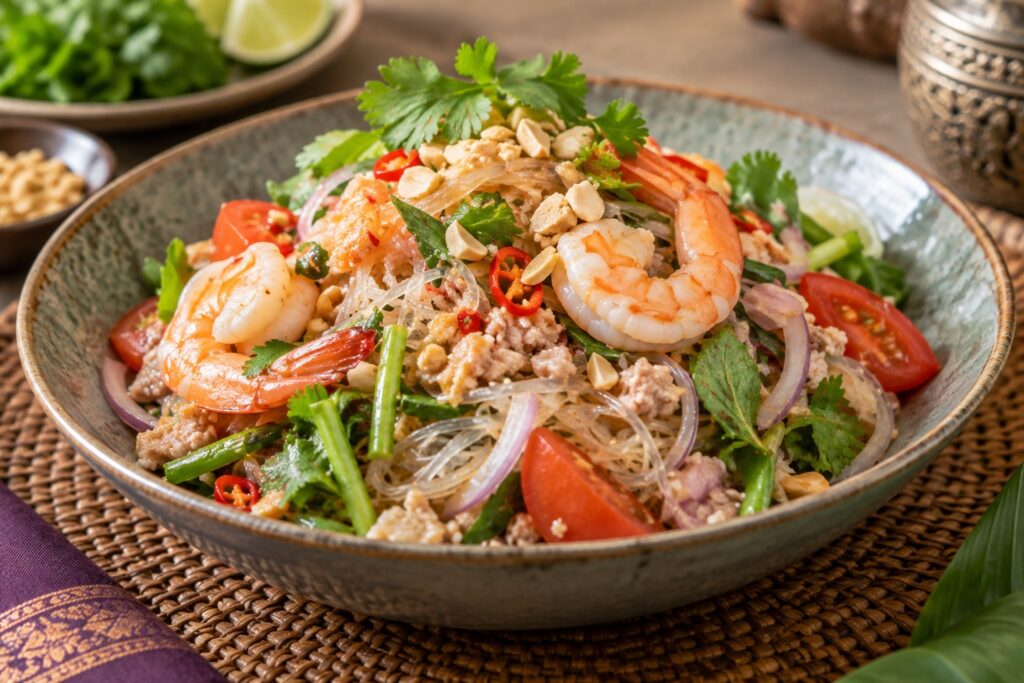 Yam Woon Sen, salade thaïlandaise de vermicelles transparents avec crevettes, porc haché, tomate et coriandre