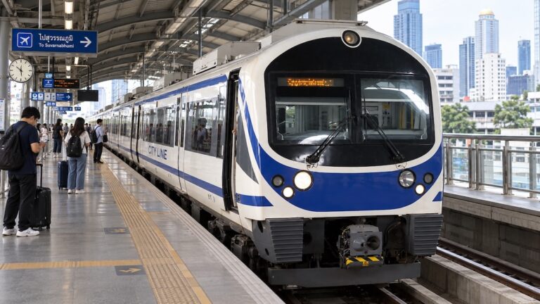 Train de l’Airport Rail Link à quai dans une station de Bangkok, avec des voyageurs et leurs valises.