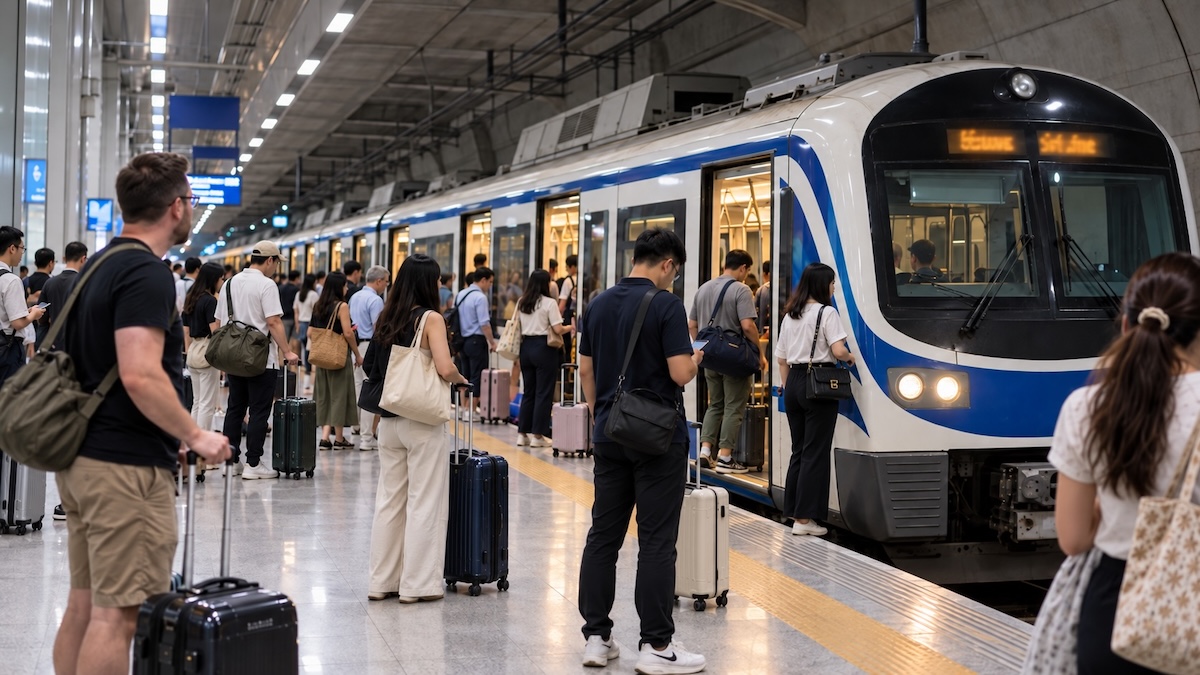 Voyageurs avec leurs bagages montant dans l’Airport Rail Link à l’aéroport Suvarnabhumi de Bangkok.