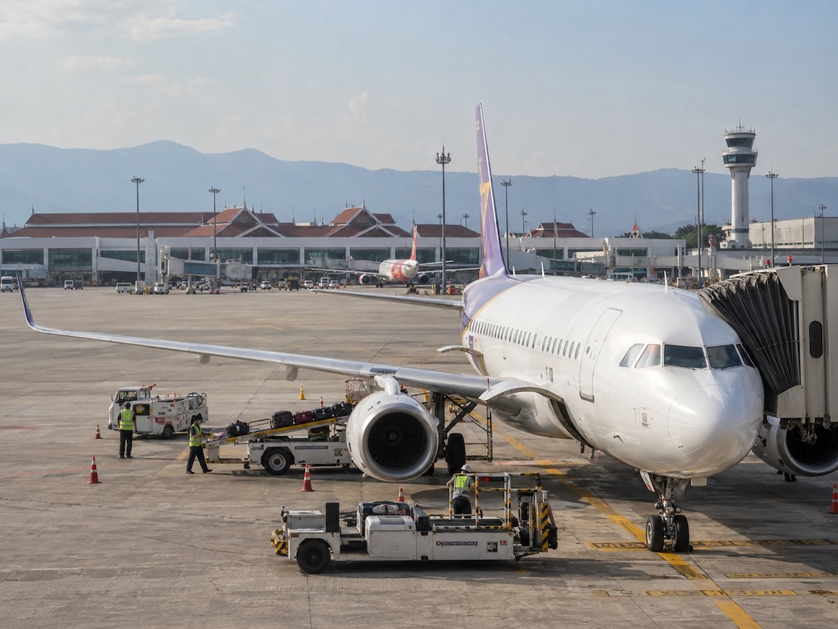 Avion de ligne stationné dans un aéroport thaïlandais avec personnel au sol
