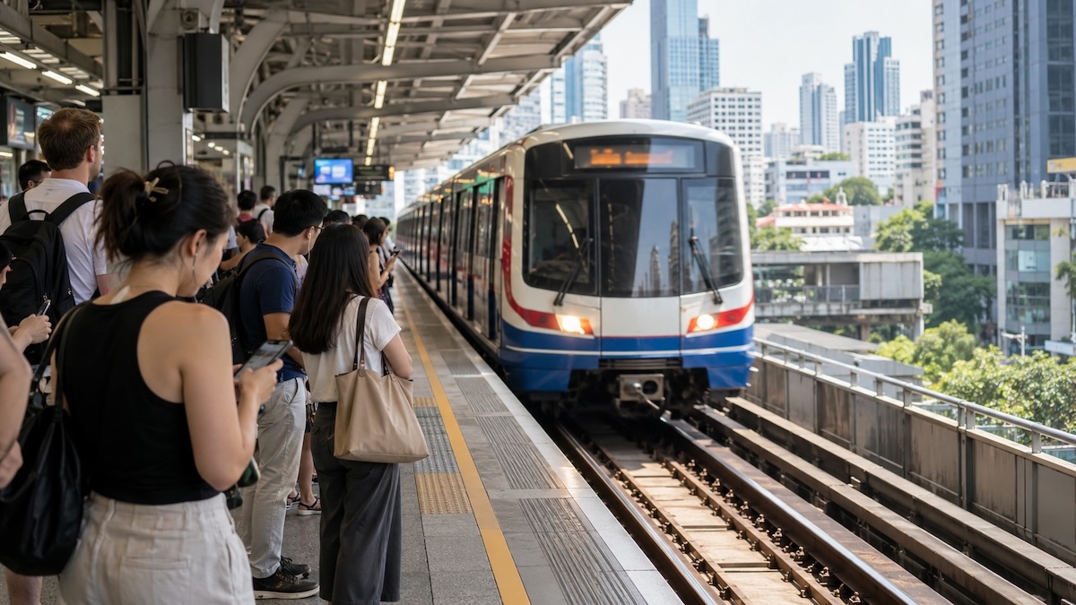 Rame du BTS Skytrain arrivant sur un quai aérien à Bangkok, avec des voyageurs attendant derrière la ligne de sécurité.