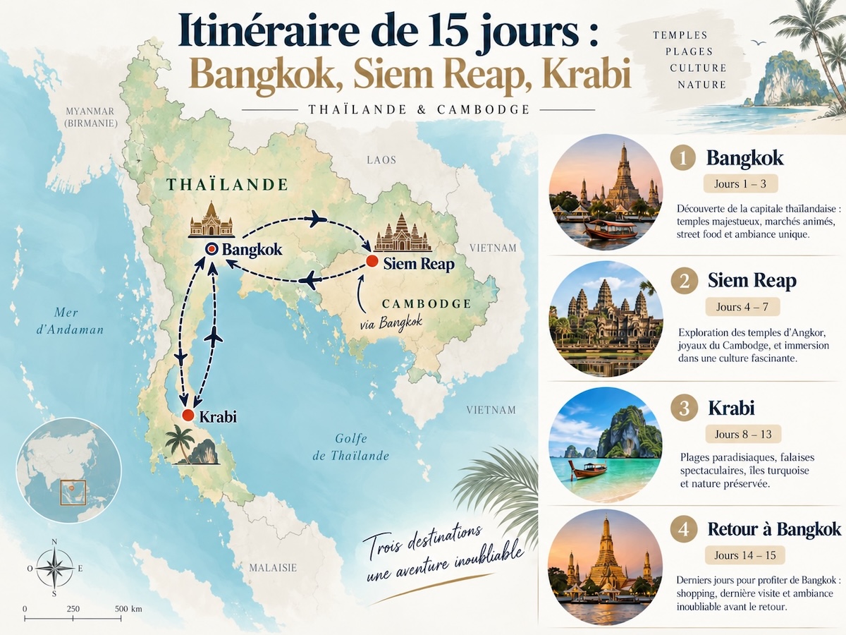 Carte de l'itinéraire de 15 jours entre Bangkok, Siem Reap et Krabi, avec les correspondances aériennes et le retour à Bangkok.