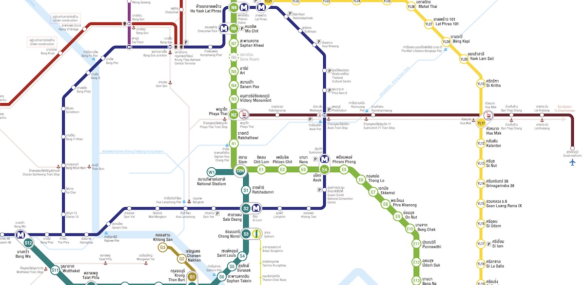 Carte du métro de Bangkok montrant les principales lignes BTS, MRT et Airport Rail Link, avec Siam, Asok, Chatuchak, Bang Wa et Suvarnabhumi.