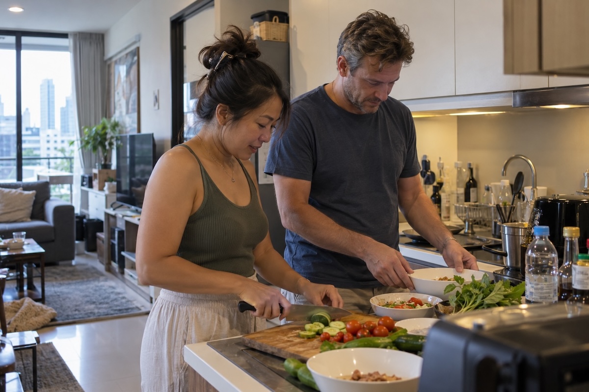 Une femme thaïlandaise et un homme européen préparent ensemble un repas dans leur cuisine.
