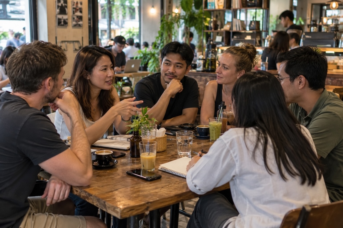 Groupe de Thaïlandais et d'étrangers discutant autour d'une table dans un café à Bangkok.