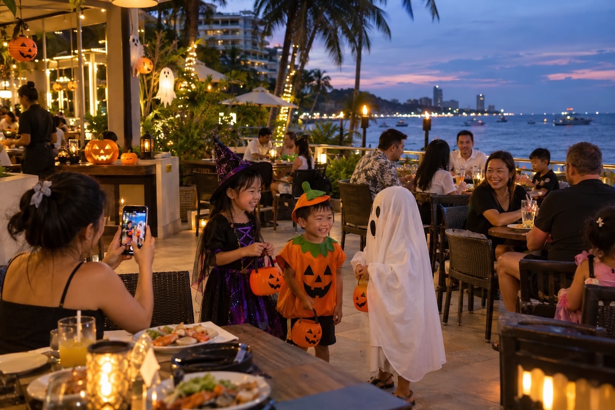 Trois enfants déguisés pour Halloween dans un restaurant en bord de mer à Pattaya
