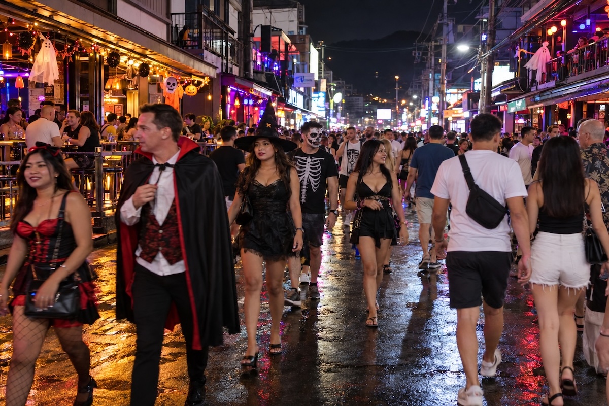 Rue animée de Patong à Phuket avec des personnes déguisées pour Halloween