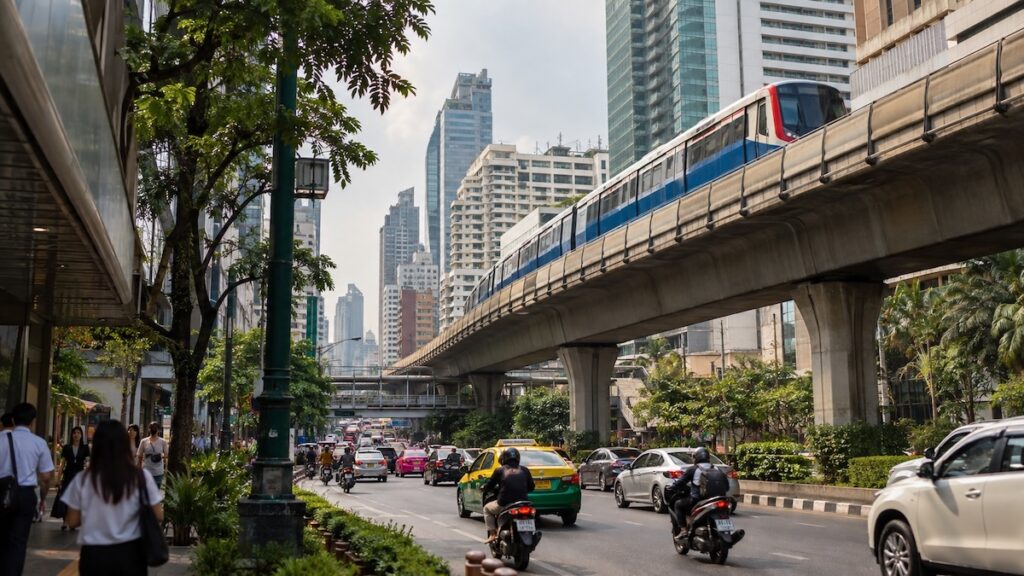 BTS Skytrain circulant au-dessus d’une avenue très fréquentée à Bangkok, avec taxis, motos et immeubles modernes.