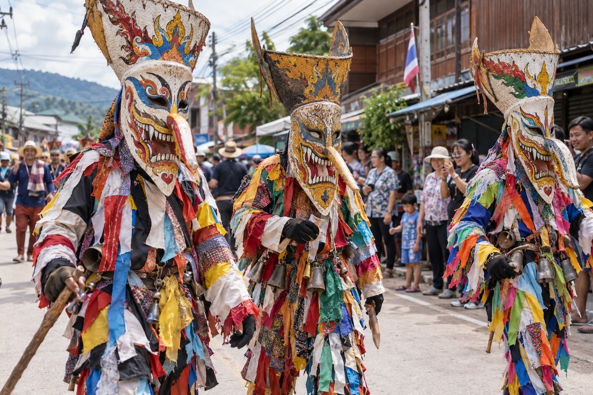 Participants portant des masques traditionnels de Phi Ta Khon lors d’une procession en Thaïlande