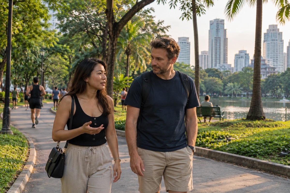 Une femme thaïlandaise et un homme européen discutent en marchant dans un parc à Bangkok.