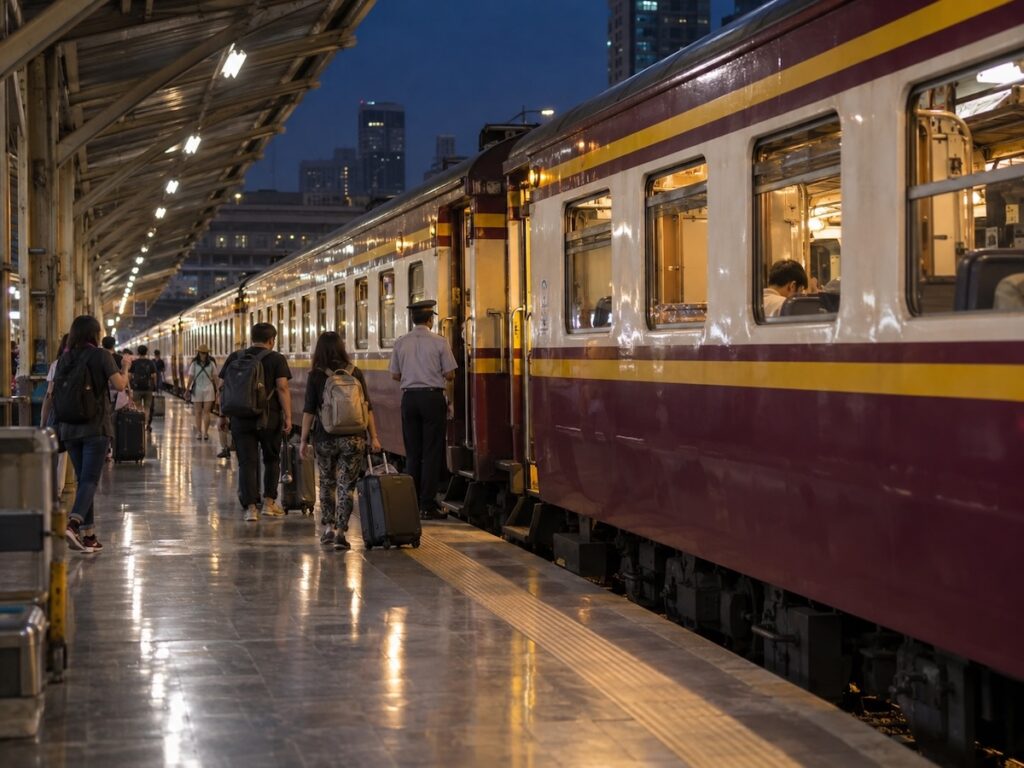 Train de nuit thaïlandais à quai avec des voyageurs et leurs bagages.