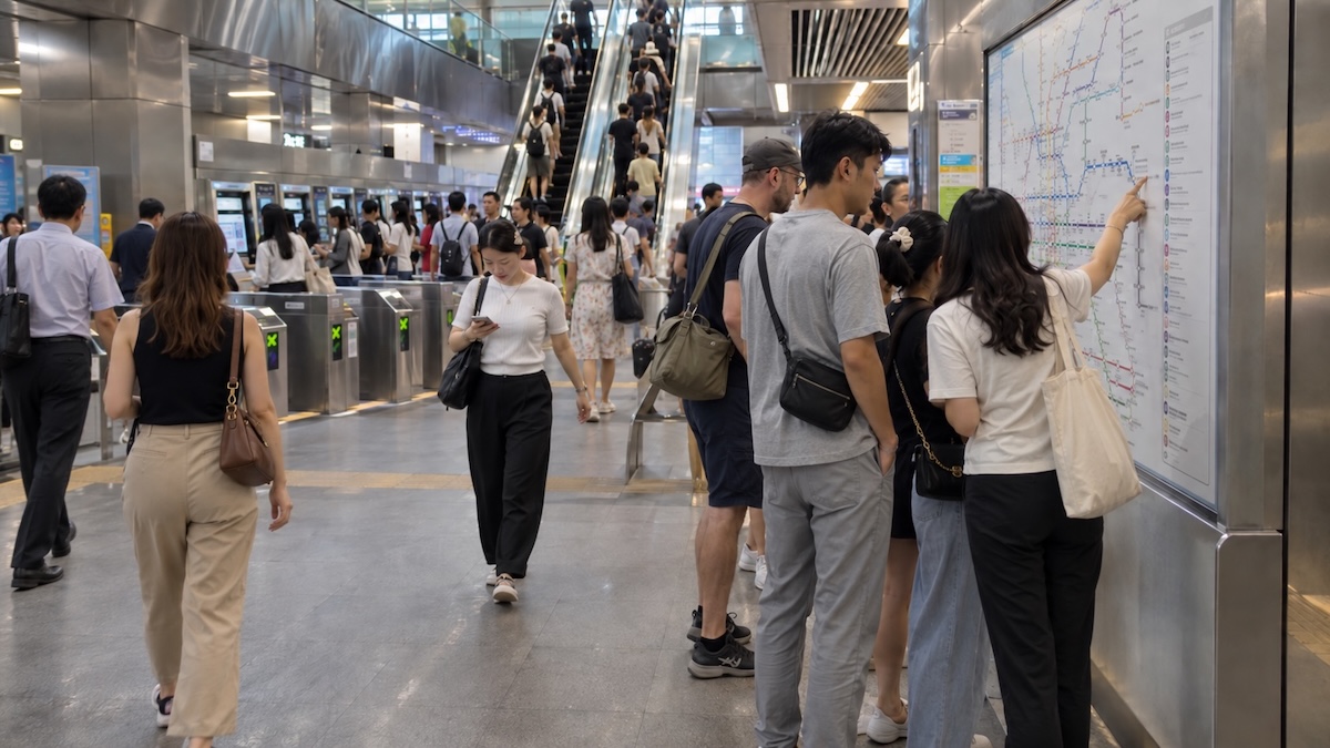 Voyageurs consultant le plan du réseau dans une station de métro à Bangkok, près des portillons et des distributeurs de tickets.